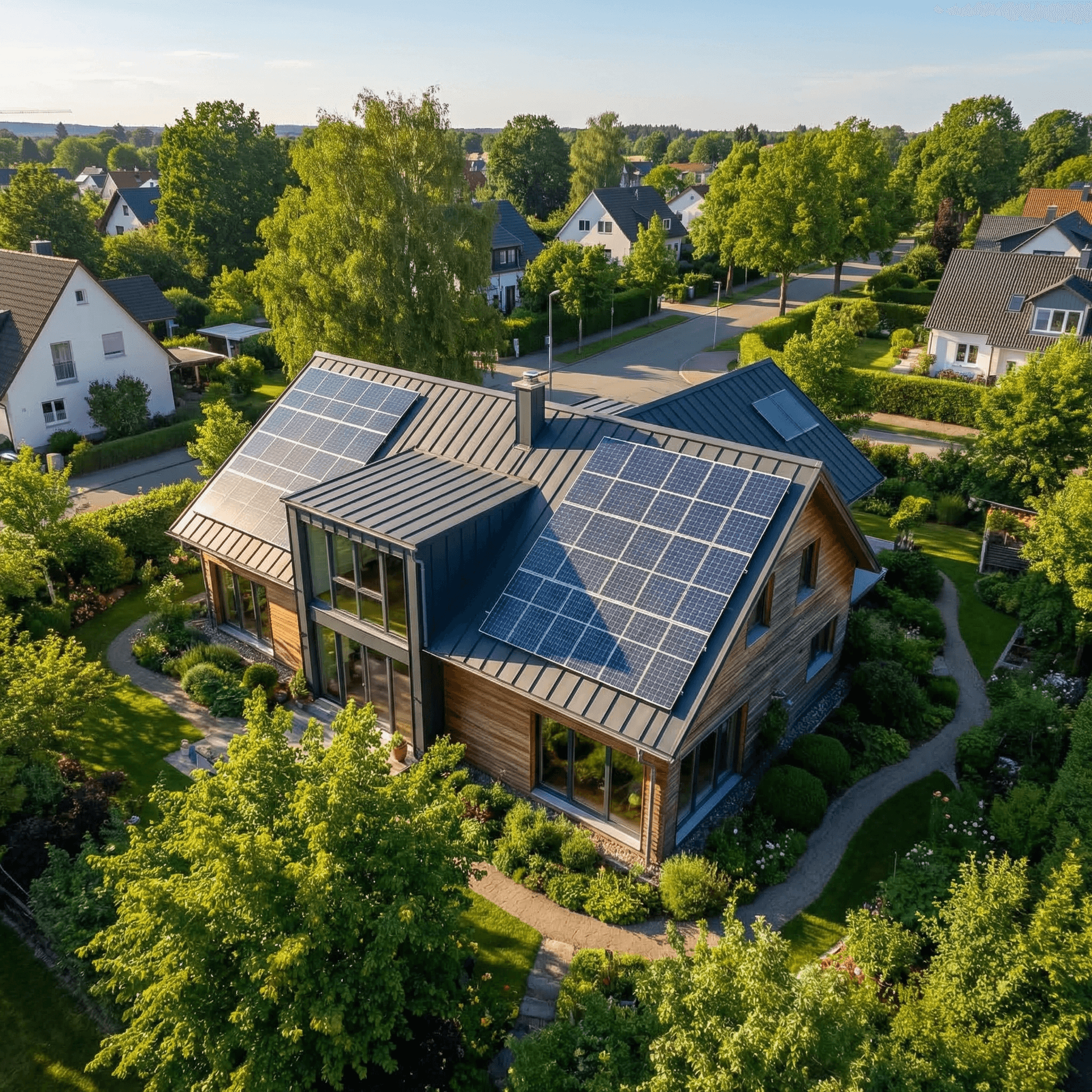 Solar installation on a Swiss detached house – aerial view