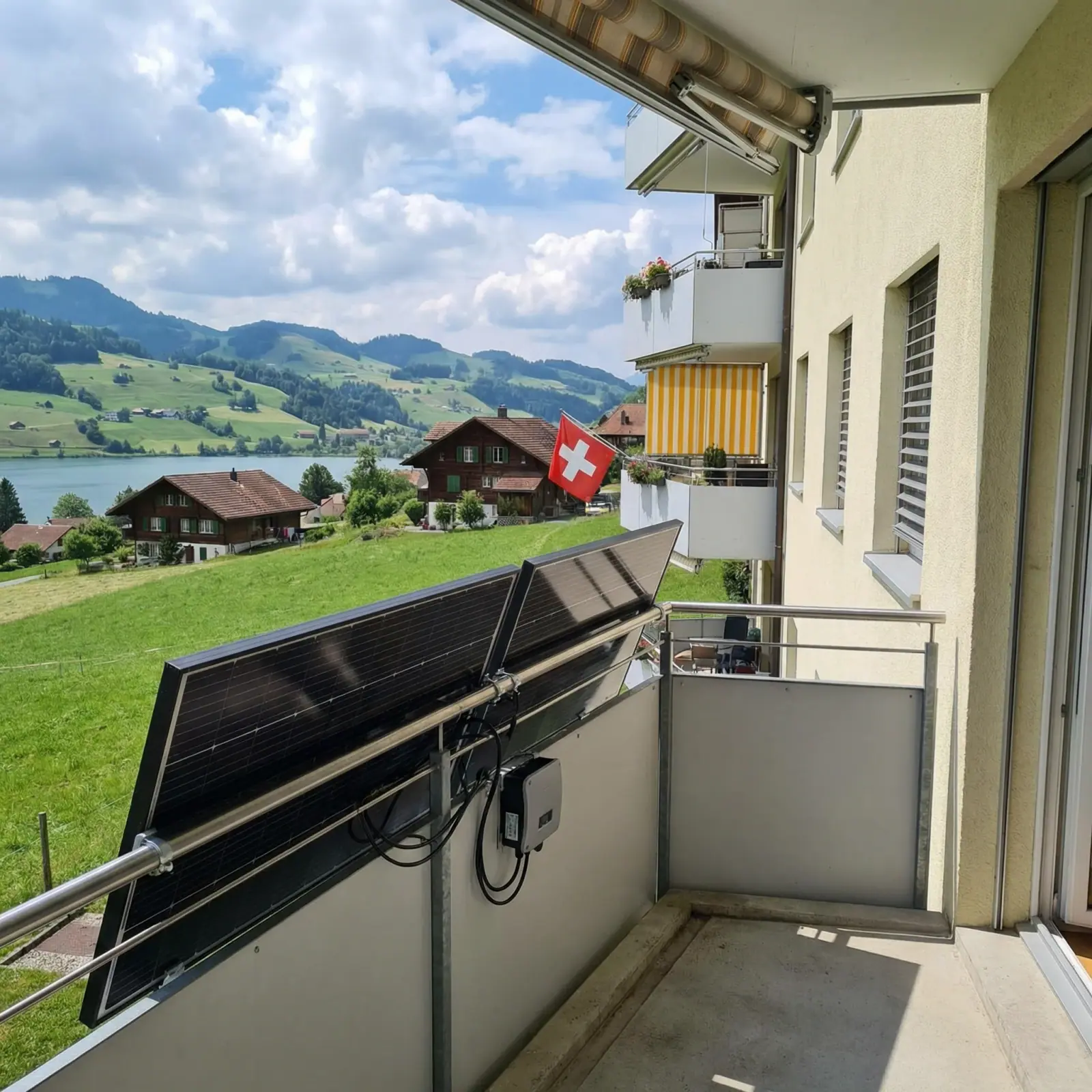 Centrale solare da balcone in Svizzera – mini-impianto su balcone con vista sulle Alpi