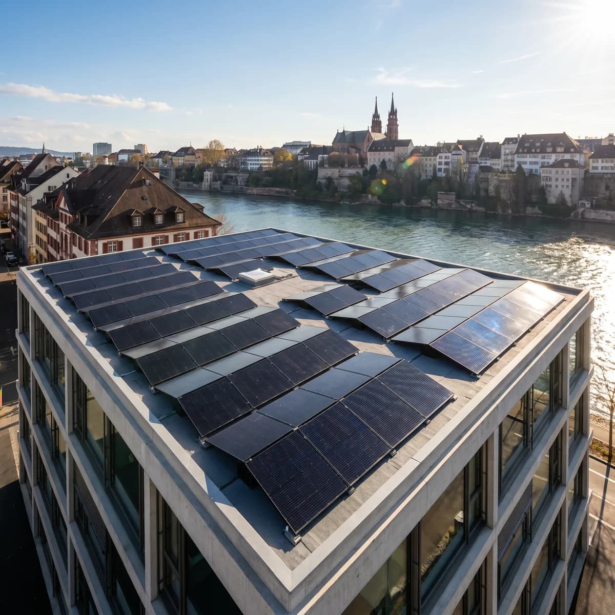 Flachdach-Solaranlage auf einem Gebäude in Basel am Rhein