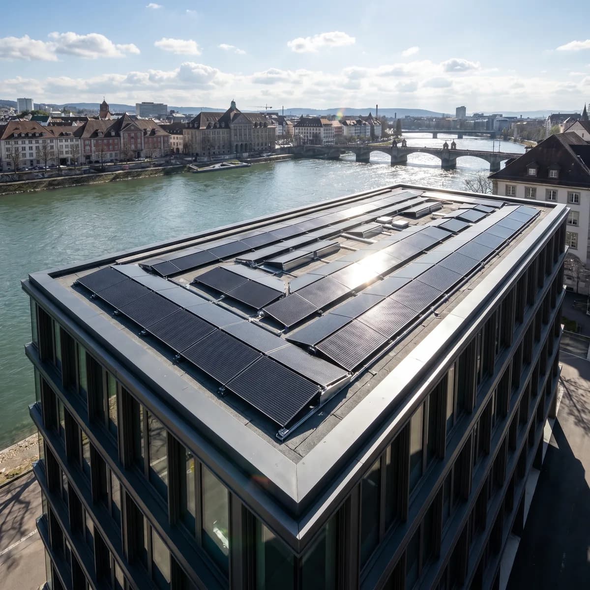 Solaranlage auf einem Gewerbe-Flachdach am Rhein