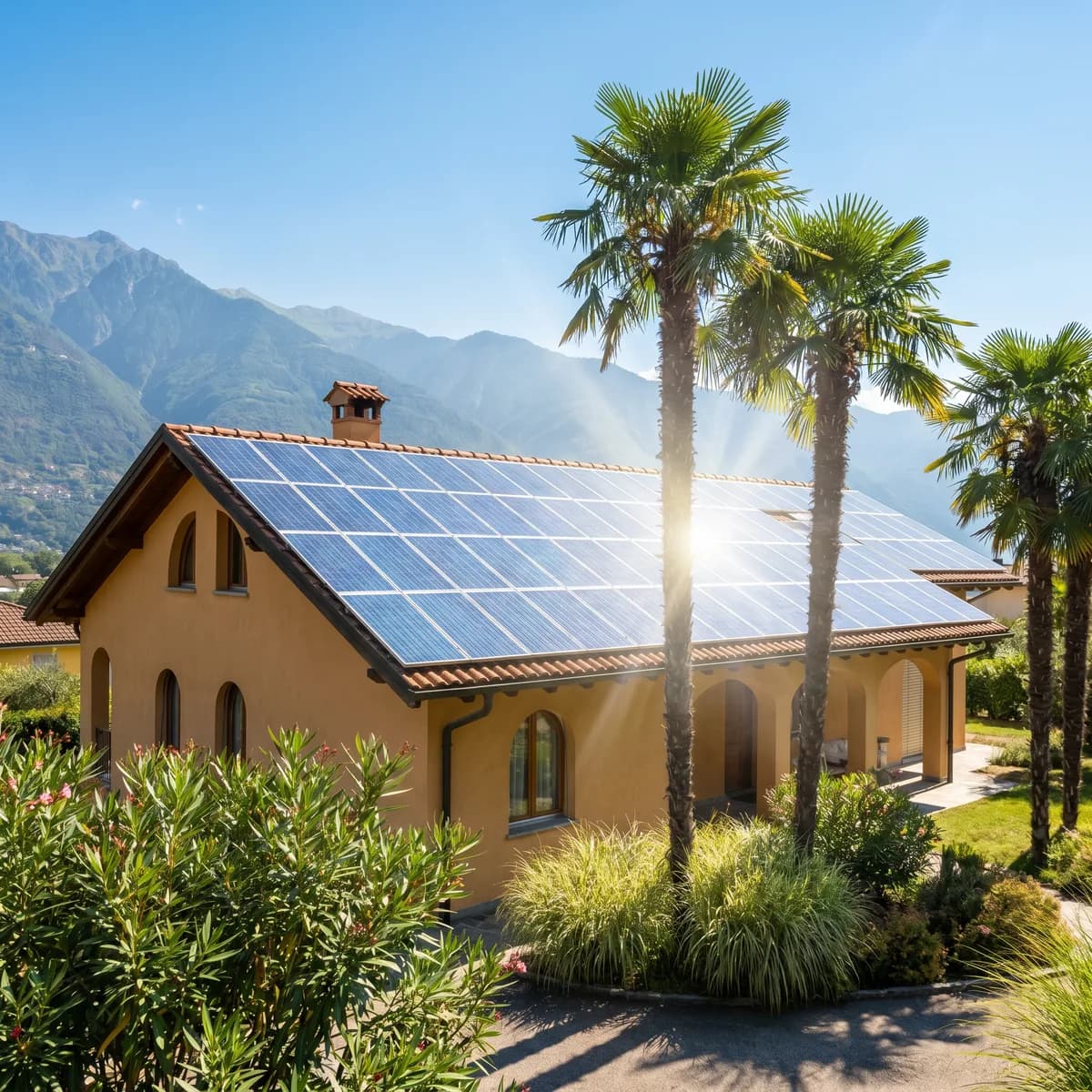Solaranlage auf einer Villa mit Palmen im Tessin