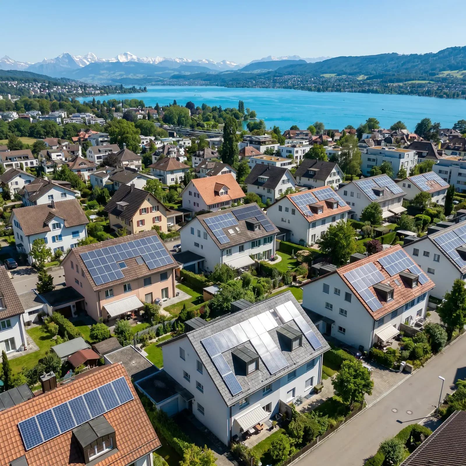 Wohnquartier mit Solardächern an einem Schweizer See