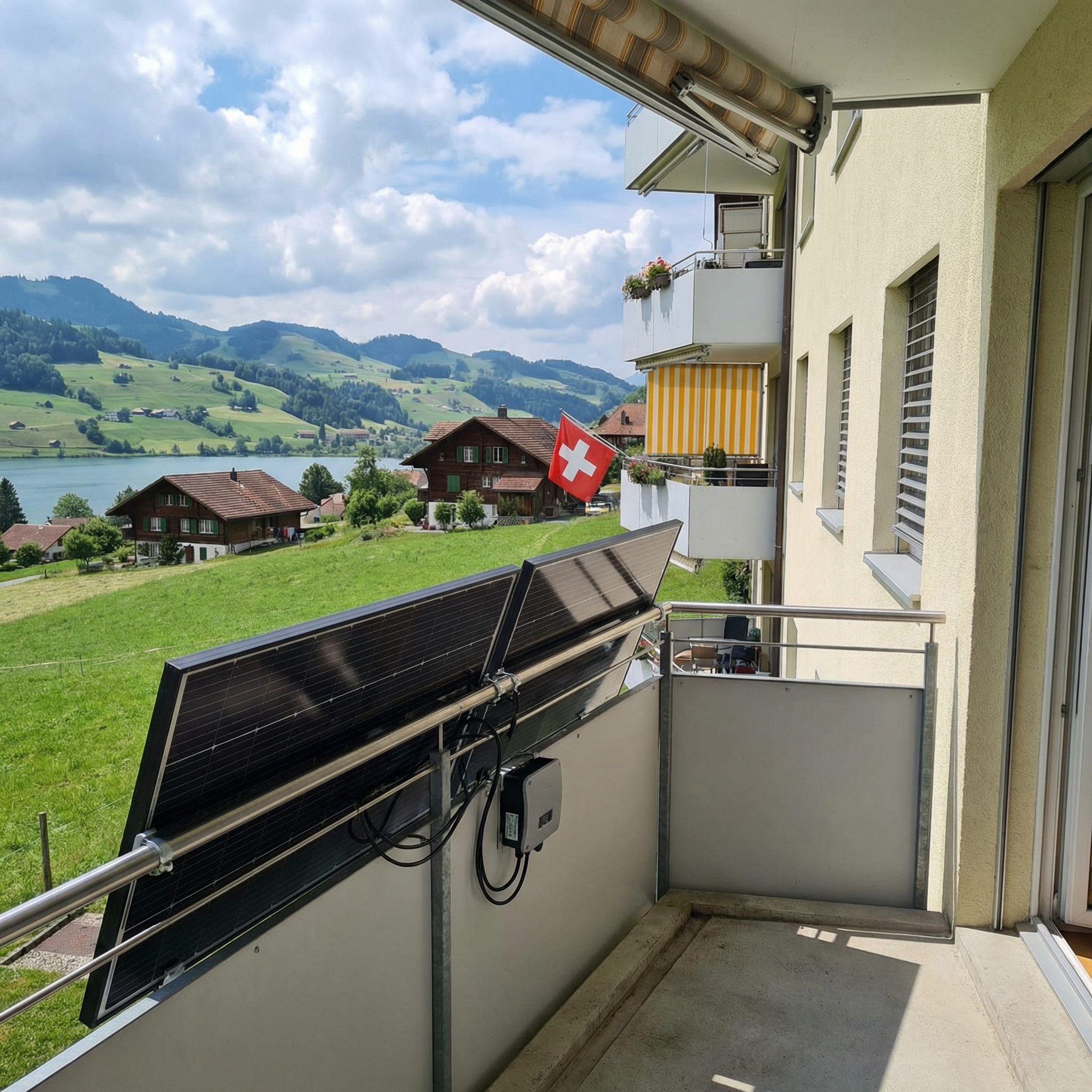 Balkonkraftwerk Schweiz – Mini-Solaranlage auf Balkon mit Alpenblick