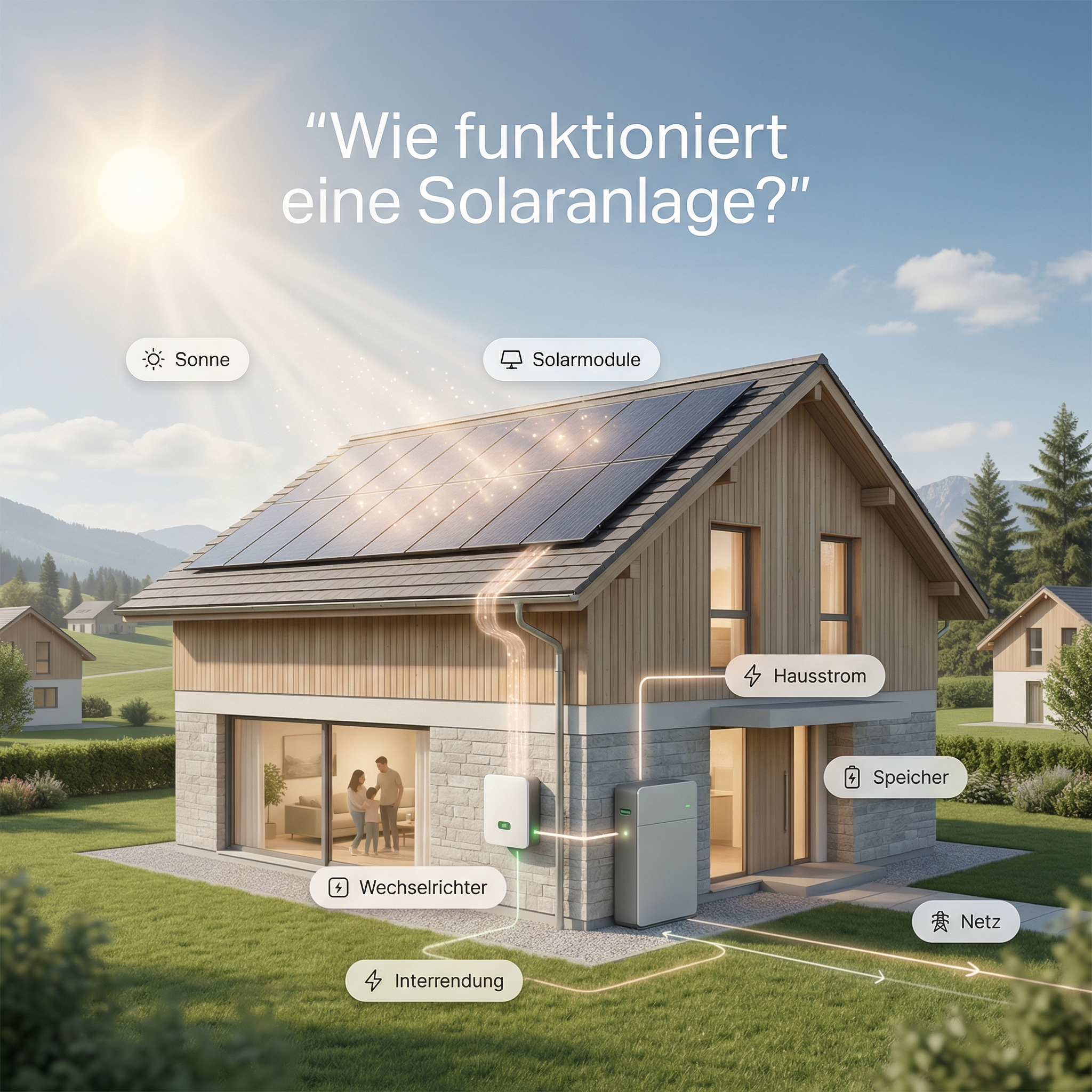 Wie funktioniert eine Solaranlage – Illustration mit Sonne, Solarmodulen, Wechselrichter, Speicher und Hausstrom